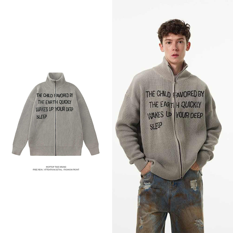 WHXS秋冬新款复古印花慵懒毛衣男女美式休闲氛围感开衫针织衫