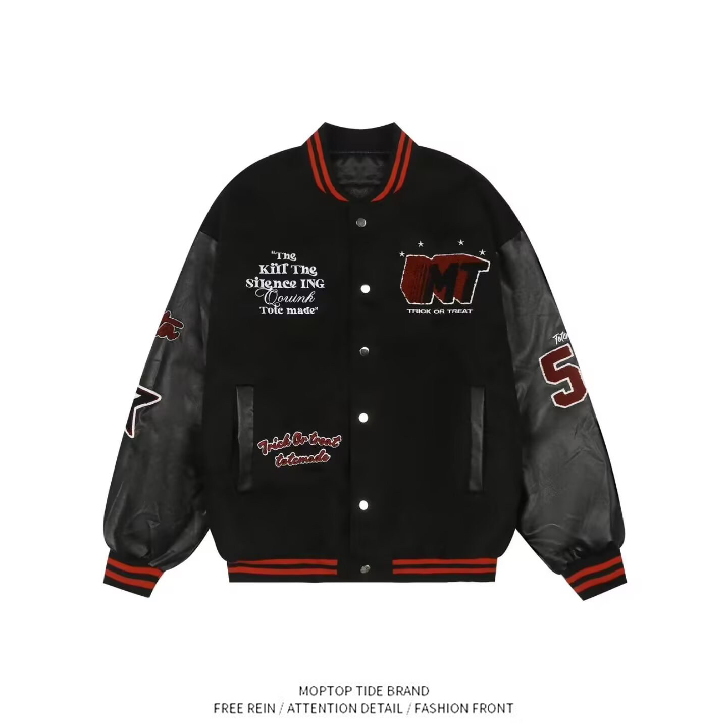 WH先生美式复古撞色棒球服外套男女宽松春秋情侣国潮牌皮袖夹克