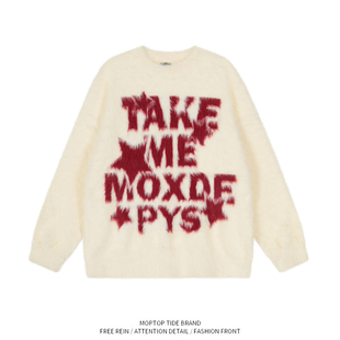 WHXS潮牌美式情侣字母毛衣男秋冬软糯慵懒风马海毛针织衫上衣