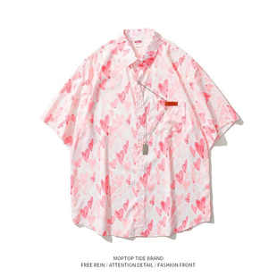 WH先生夏季项链满印短袖衬衫男潮牌宽松休闲古着半袖情侣衬衣