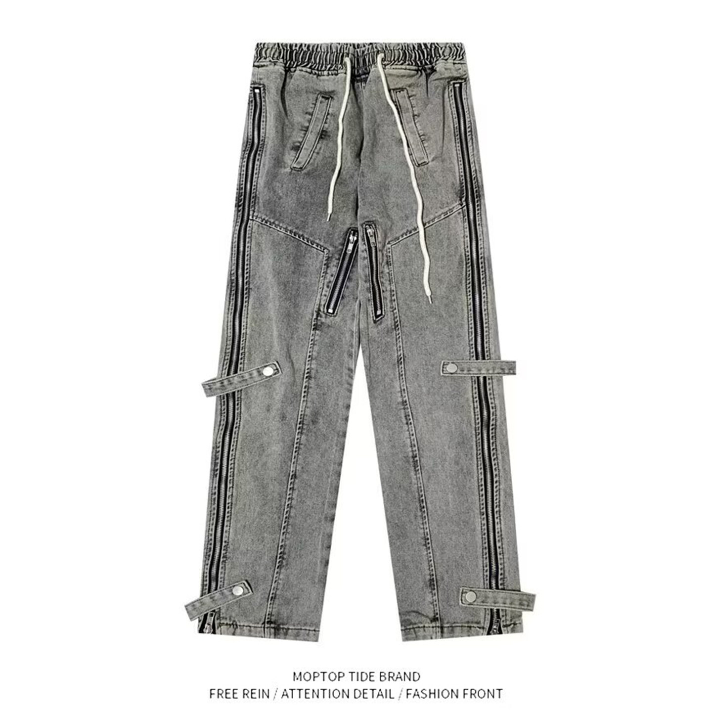 潮牌牛仔裤男美式宽松抽绳直筒休闲长裤子韩版潮流复古阔腿裤百搭