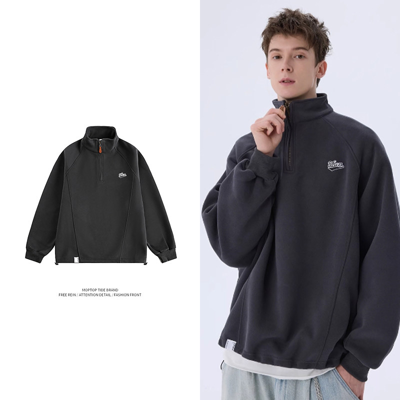 WHXS半拉链卫衣男冬季美式oversize加绒外套潮牌拼接立领上衣