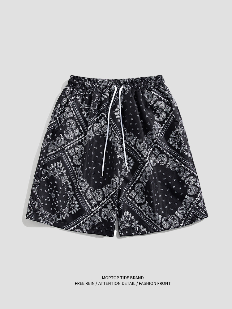 WHXS夏季潮牌休闲腰果花短裤男生沙滩日系帅气裤子设计感青少年