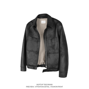 WH先生霜冻裂纹千鸟格内里PU皮猎装皮衣Cleanfit短宽夹克外套男