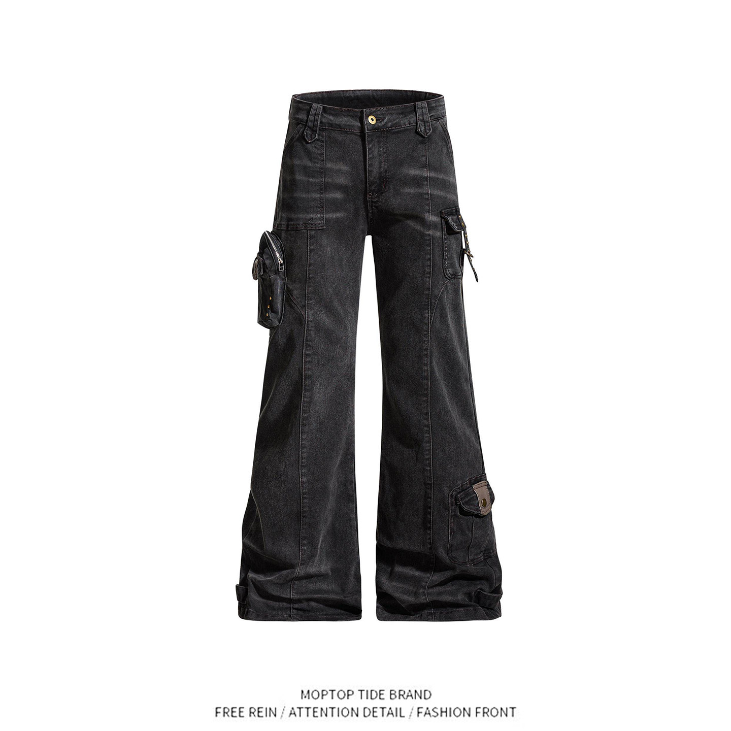 WHXS美式重工水洗直筒微喇牛仔裤设计感口袋拼接vibe长裤男女