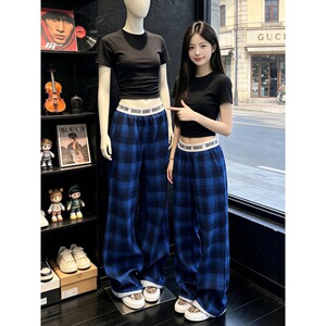 WH先生美式复古蓝色格子裤男女夏季薄款休闲运动裤直筒宽松垂感阔