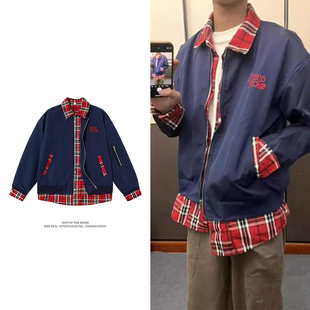 WH先生飞行员藏青色假两件夹克男春秋高级感cleanfit衬衫格子外套