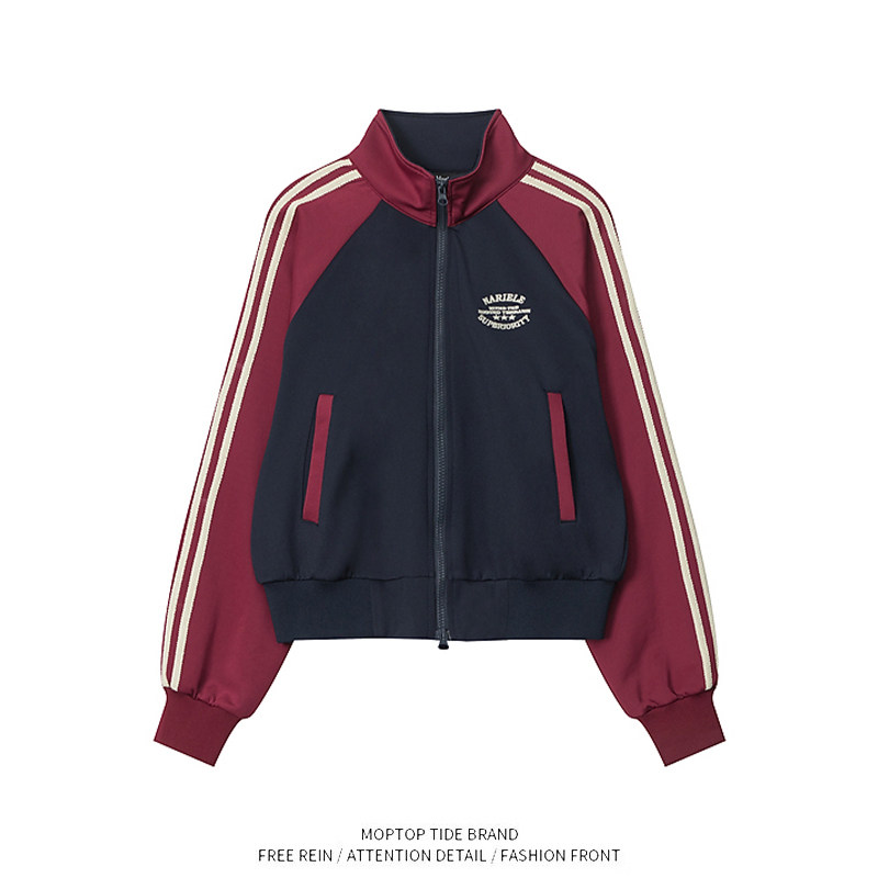 美式复古学院风辣妹短款开衫卫衣女条纹拼色立领休闲外套