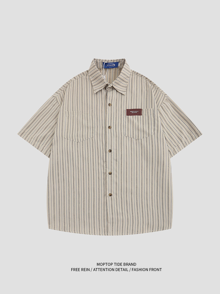 WH先生原创日系条纹翻领短袖衬衫男女小众设计感复古港风chic衬衣