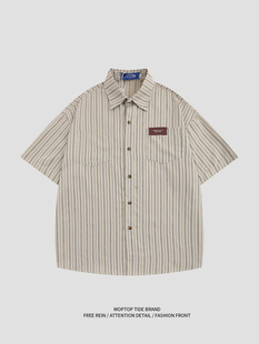 WH先生原创日系条纹翻领短袖衬衫男女小众设计感复古港风chic衬衣