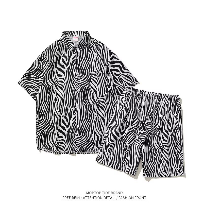 衬衫套装韩版潮儿童短袖衣服帅气时髦衬衣男孩夏季斑马纹衬衫