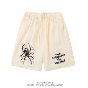 街头宽松阔腿五分裤 夏季 复古蜘蛛字母印花运动休闲短裤 WH先生美式