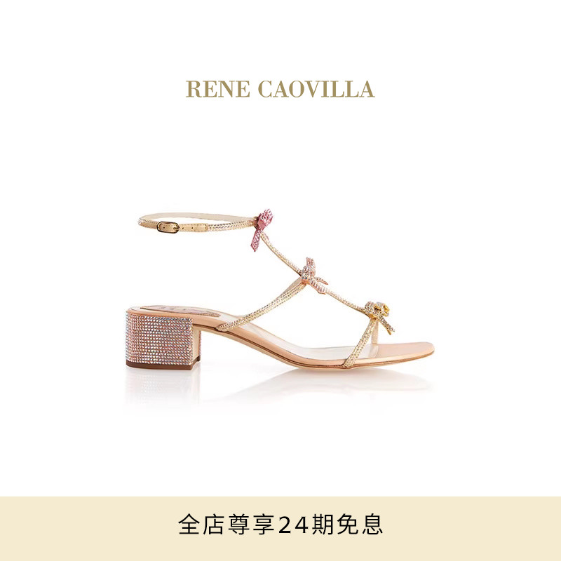 【礼物】RENE CAOVILLA CATERINA系列粉色蝴蝶结中跟凉鞋
