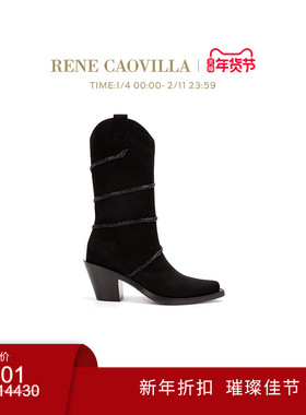 【新年折扣】RENE CAOVILLA CLEO系列水钻女士粗跟中筒靴