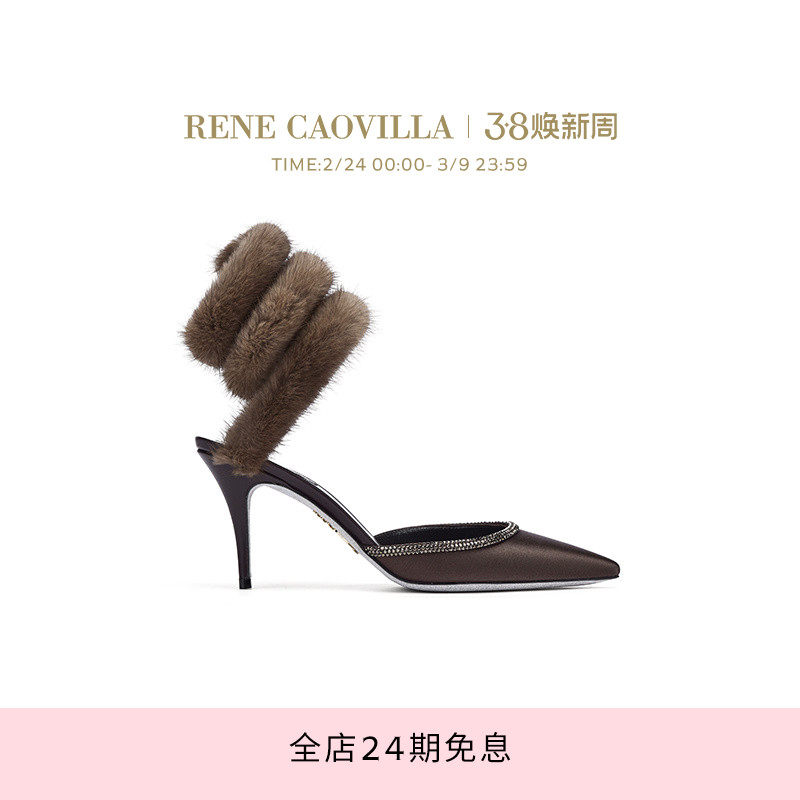 【礼物】RENE CAOVILLA LINDSEY系列毛毛装饰女士露跟凉鞋