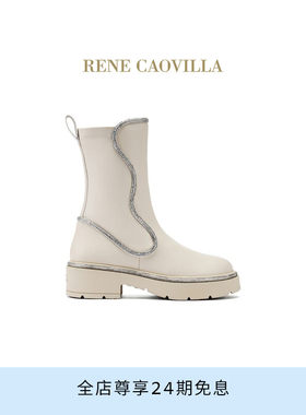 【礼物】RENE CAOVILLA ONDA系列白色水钻圆头女士短靴