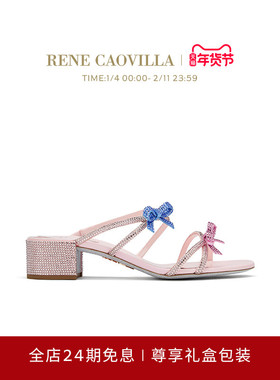 【礼物】RENE CAOVILLA CATERINA系列水钻蝴蝶结女士粗跟凉鞋