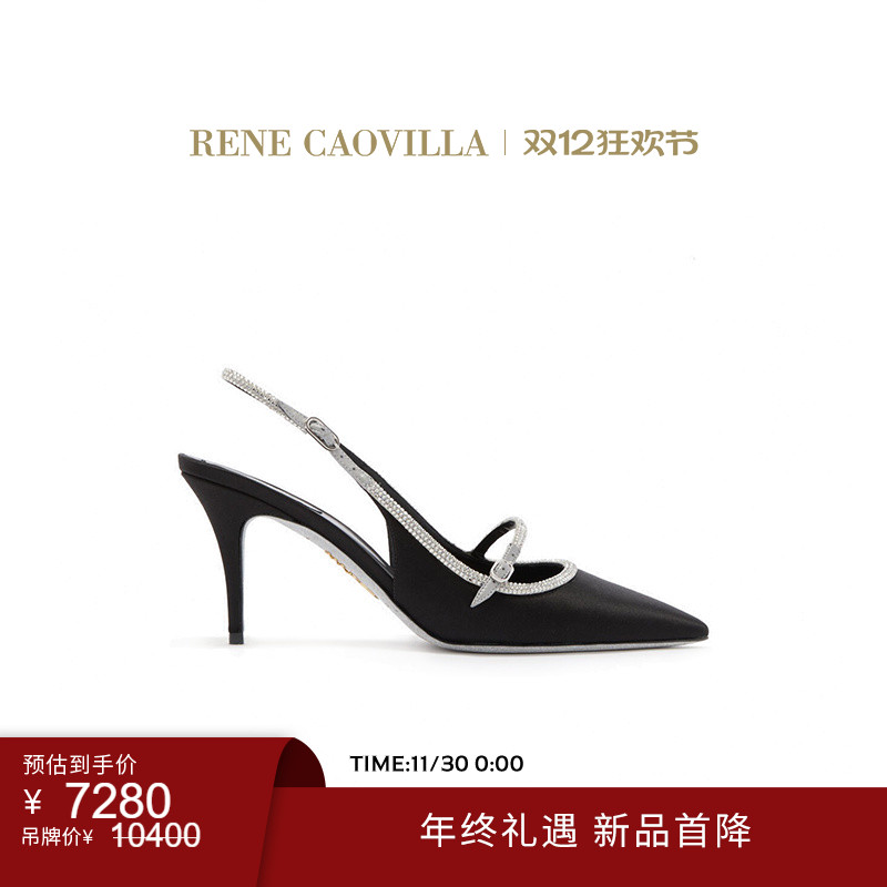 【新品首降】RENE CAOVILLA LILY系列黑色尖头水钻女士露跟凉鞋