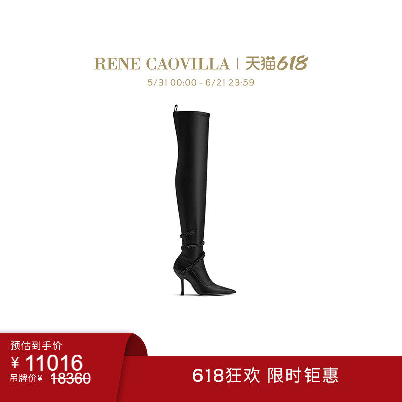 【618折扣】RENE CAOVILLA CLEO系列水钻黑色过膝女士高跟靴子