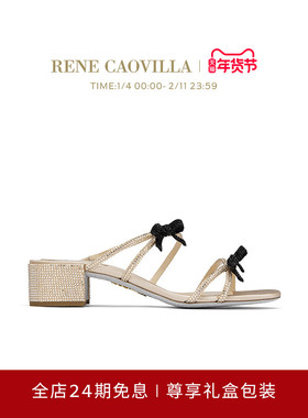 【礼物】RENE CAOVILLA CATERINA系列水钻蝴蝶结女士粗跟凉鞋
