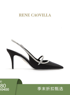 【季末折扣】RENE CAOVILLA LILY系列黑色尖头水钻女士露跟凉鞋