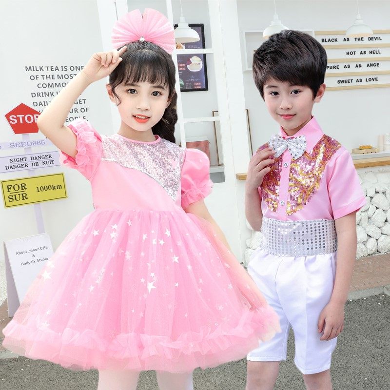新款儿童演出服女童蓬蓬纱裙幼儿园粉可爱亮片表演服小星星舞蹈服