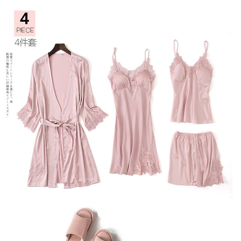 四件套睡衣女夏季薄款冰丝吊带短裤套装性感带胸睡裙睡袍家居服