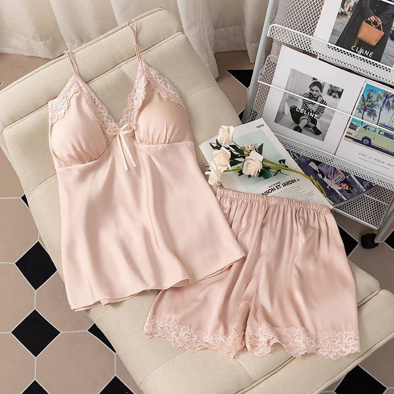 睡衣女春夏冰丝薄款吊带短裤两件套性感带胸丝绸纯欲领家居服