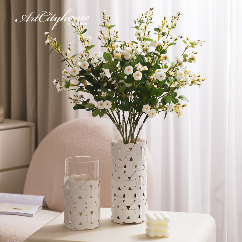 艺泽园仿真小蔷薇玻璃皮革花瓶