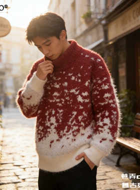 F.TOBO毛绒肌理圆领毛衣男 渐变提花宽松 cityboy 复古长袖针织衫