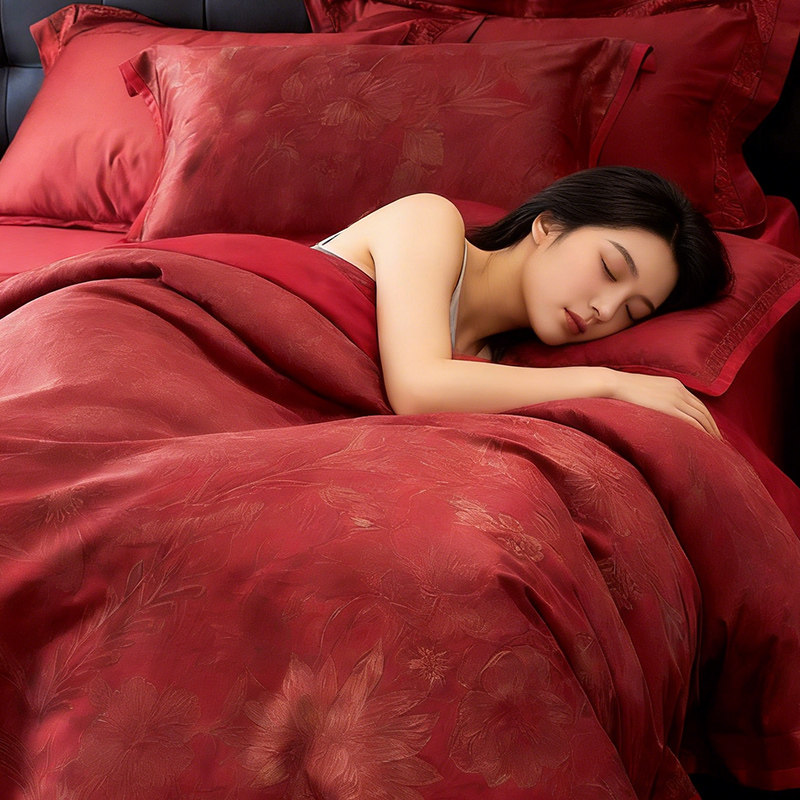 斯得福正红色纯棉全棉色织贡缎婚庆四件套高支高密长绒棉女生陪嫁