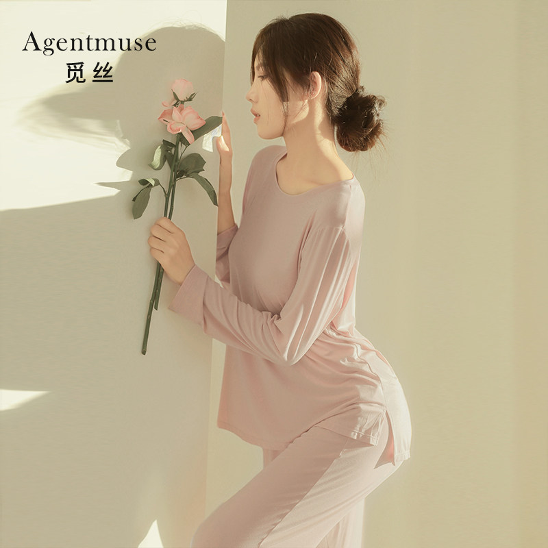 觅丝莫代尔睡衣女冬款长袖秋冬季大码圆领舒适男士情侣家居服套装