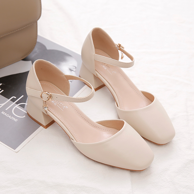 包头凉鞋女百搭粗跟方头中跟单鞋