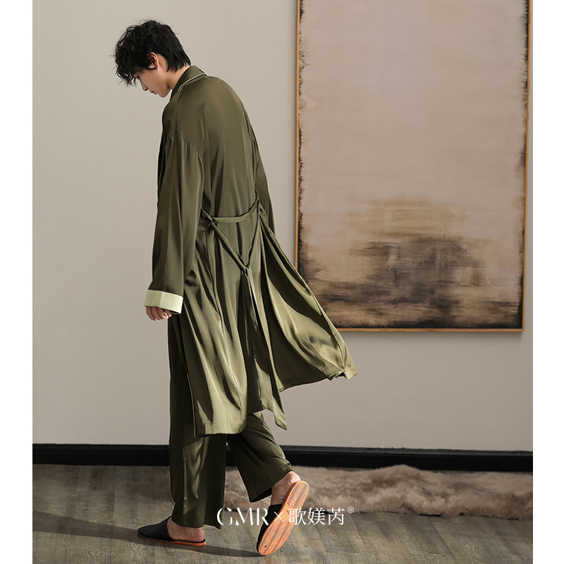 男士睡衣冰丝款袍加长裤两件套