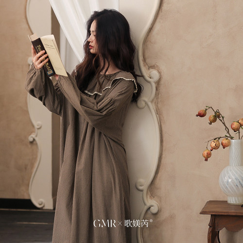 春秋睡裙女长袖纯棉磨毛甜美花边