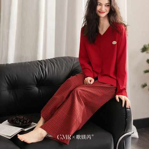 柔软棉睡衣女长袖新年红色本命年