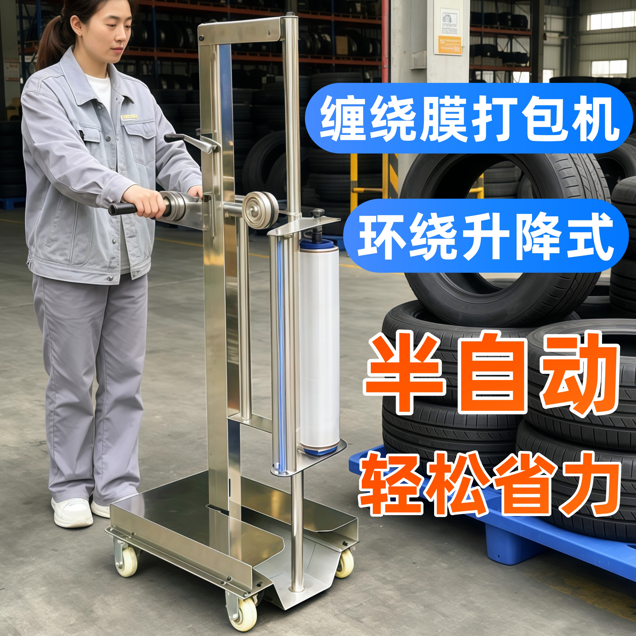 环绕式手动升降缠绕膜专用手柄打包机打包膜pe拉伸膜全自动工业用