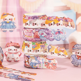 饭饭猫换装2.0系列模切和纸胶带 可爱衣橱穿搭小女孩手账diy贴画