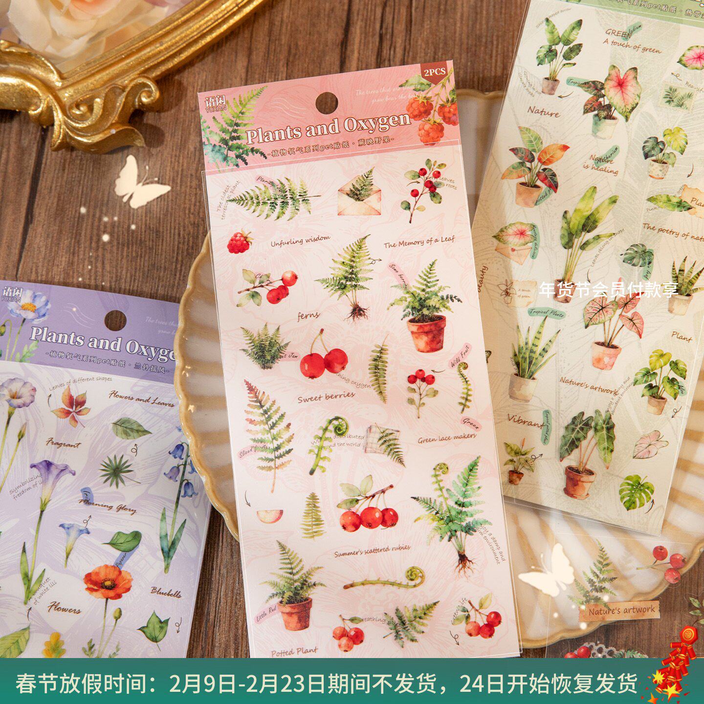 植物氧气系列防水pet模切贴纸2张入 手帐diy场景装饰卡片拼贴