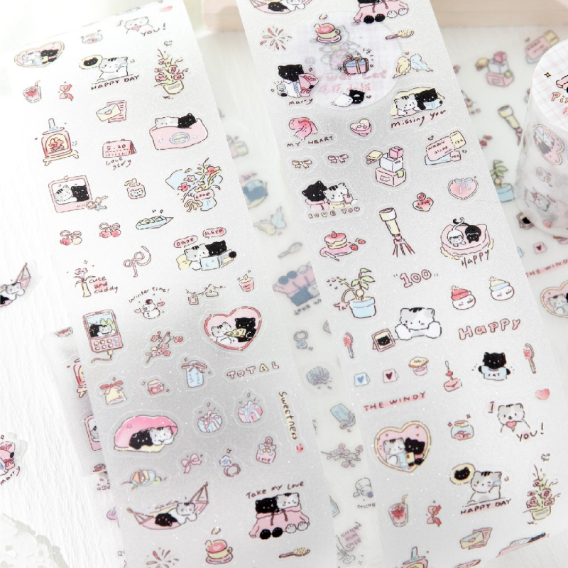 小猫生活日记二弹闪砂pet模切胶带 可爱小鼻嘎图案手帐咕卡装饰贴
