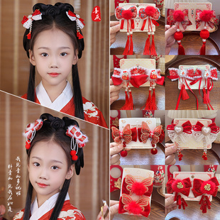 新年红色儿童蝴蝶结发饰古风头饰中国风女童汉服配饰假发发夹发卡