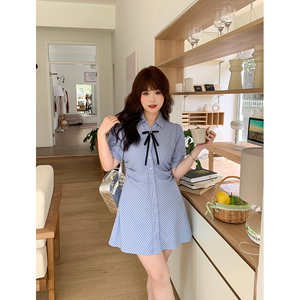 JINGYU晶语 大码胖mm韩系收腰显瘦条纹衬衫连衣裙长/短款夏季