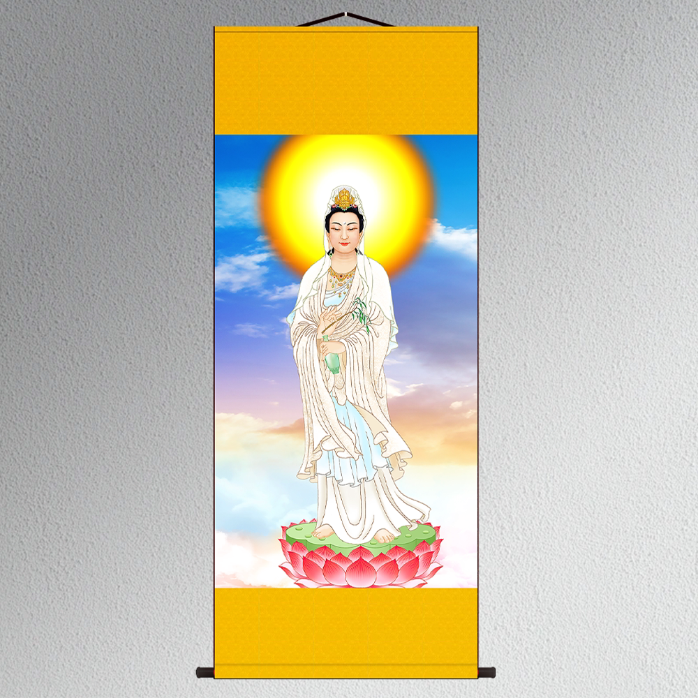 白衣观音画像保平安佛堂供奉挂画观世音菩萨佛像挂画丝绸画卷轴画
