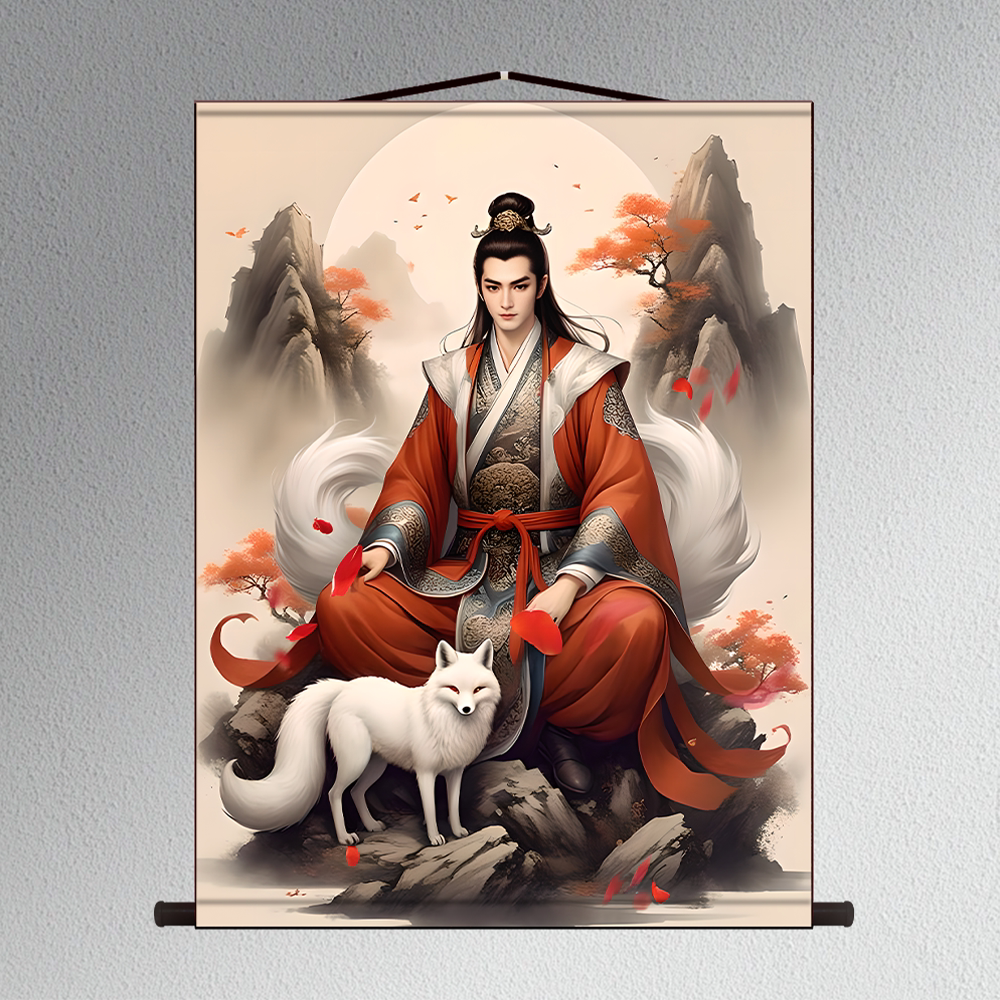 男女九尾狐像挂画胡九霄画像绢布装饰画狐狸东北出马客厅堂口供奉