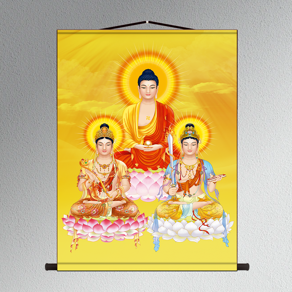 华严三圣菩萨画像释迦牟尼佛文殊普贤菩萨佛堂供奉三尺三丝绸挂画
