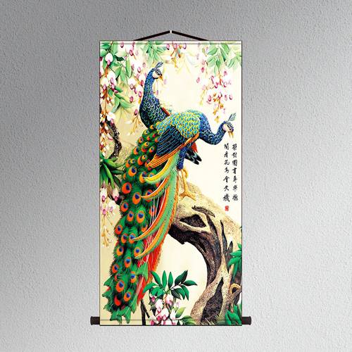 孔雀装饰壁画入户玄关孔雀竖版图过道背景画竖版客厅卷轴画像挂画