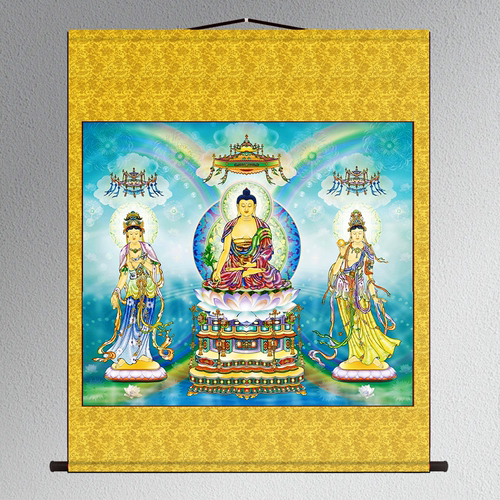 东方三圣画像药师佛月光日光菩萨供奉神像挂画玄关客厅丝绸卷轴画