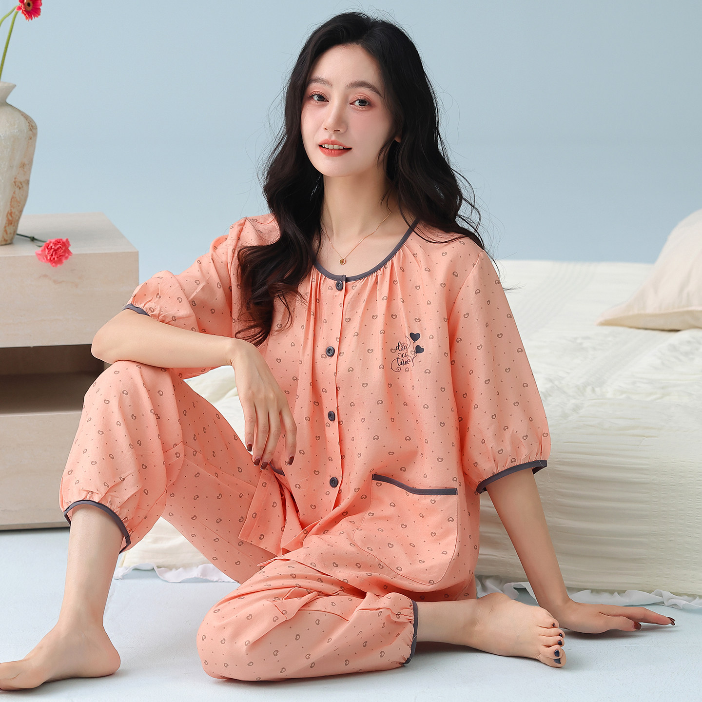 夏季薄睡衣女中年妈妈纯棉梭织面料100全棉可外穿开衫家居服套装图片