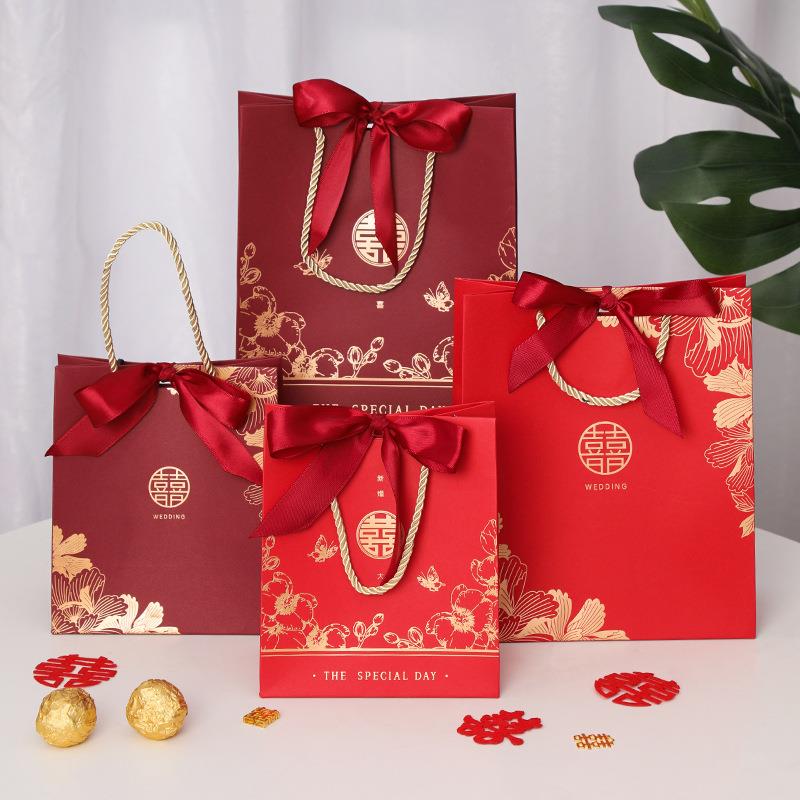 结婚红色礼品包装袋子烫金手提袋婚庆伴手礼喜糖袋子喜糖盒子批发