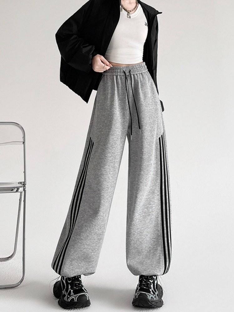 American-style Three-bar Sports Pants Women's Autumn New arrival Lazy Casual Jogger Pants Wide-leg Mop Pants